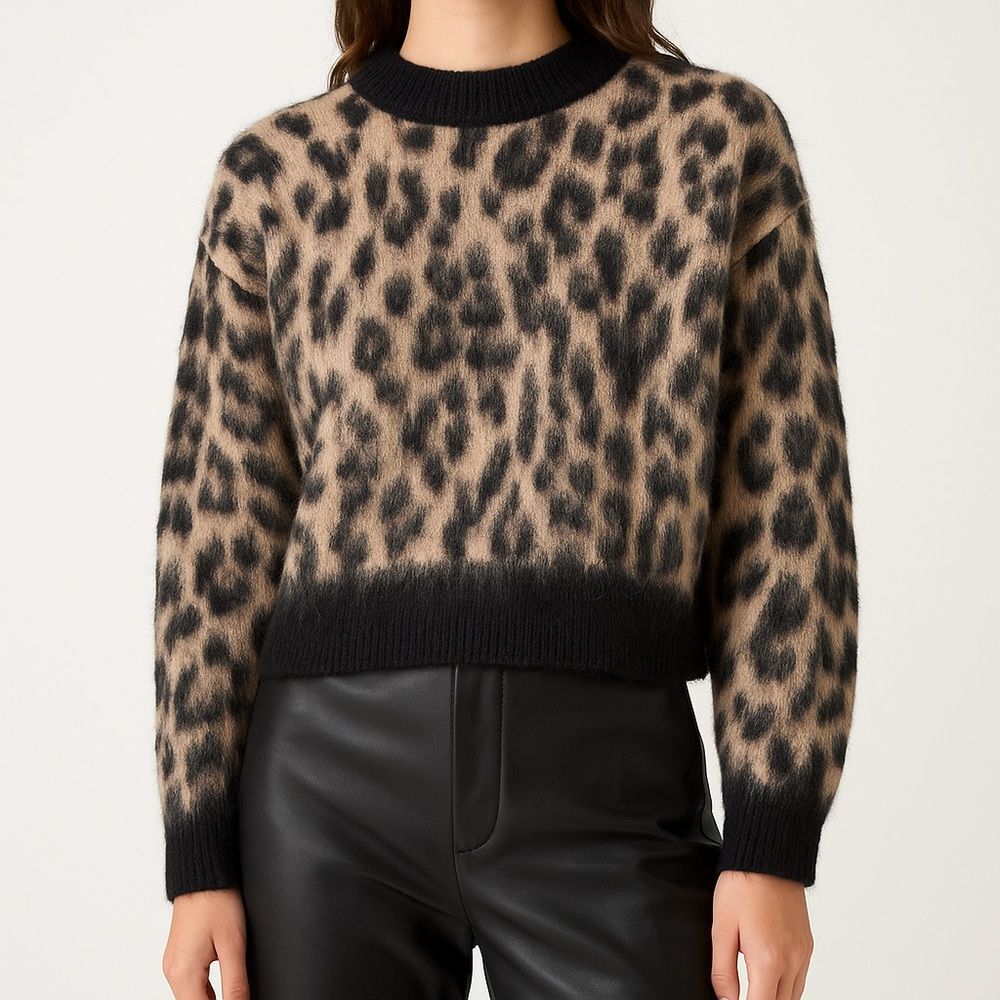 & Other Stories Fuzzy Leopard Jumper Size XS Mohair Blend Jacquard Knit Sweater